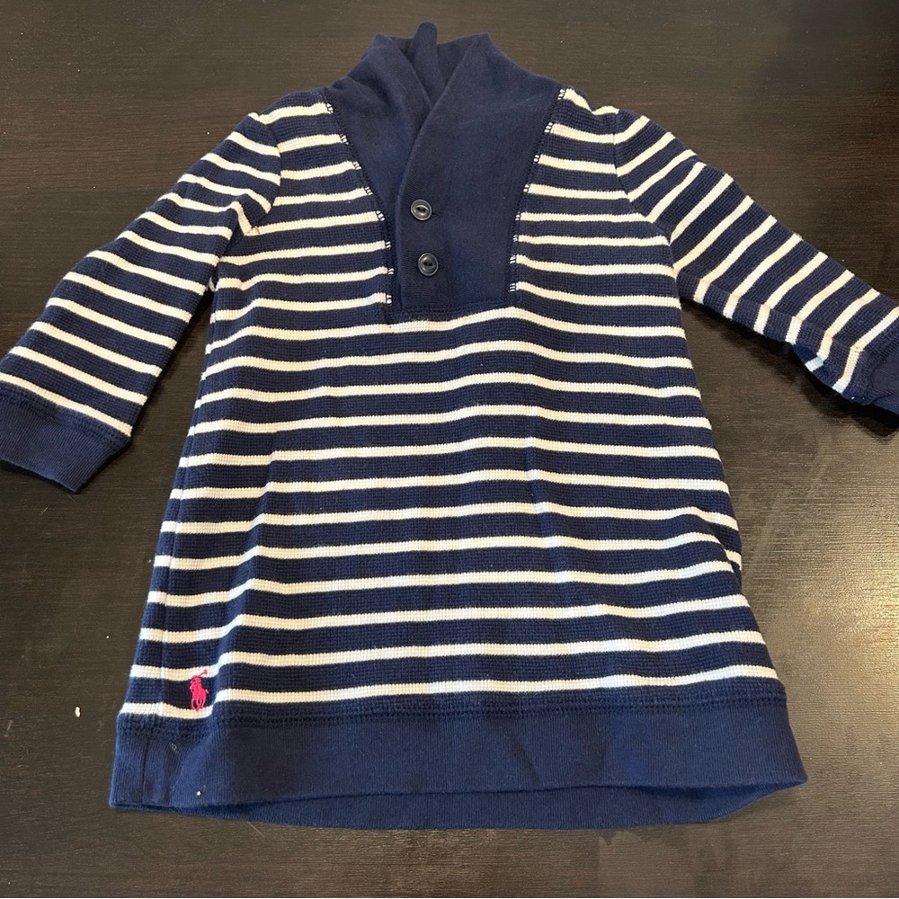 Ralph Lauren Striped Shawl Collar Sweater Dress Blue